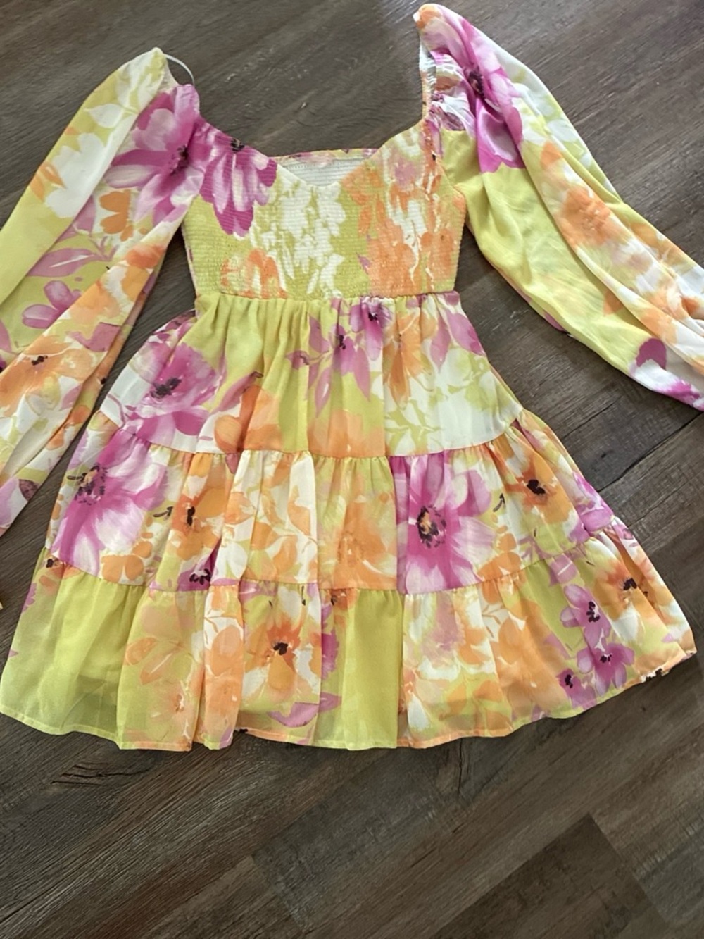 Women  Floral Smocked Tiered Dress in Yellow & Pink